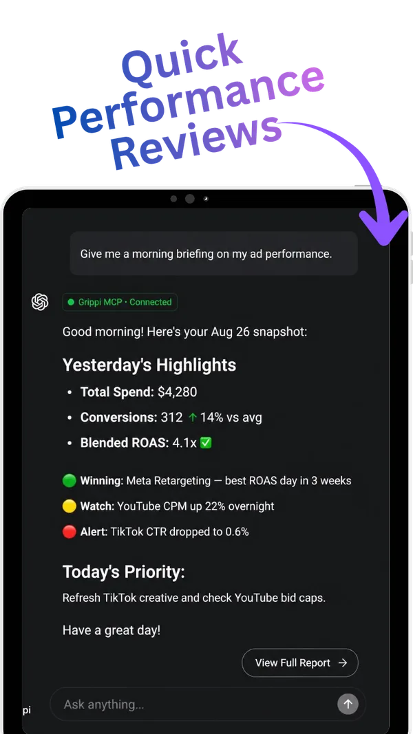 Grippi AI chat report: quick performance reviews