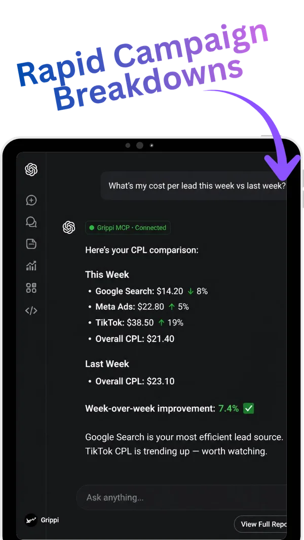 Grippi AI chat report: rapid campaign breakdowns